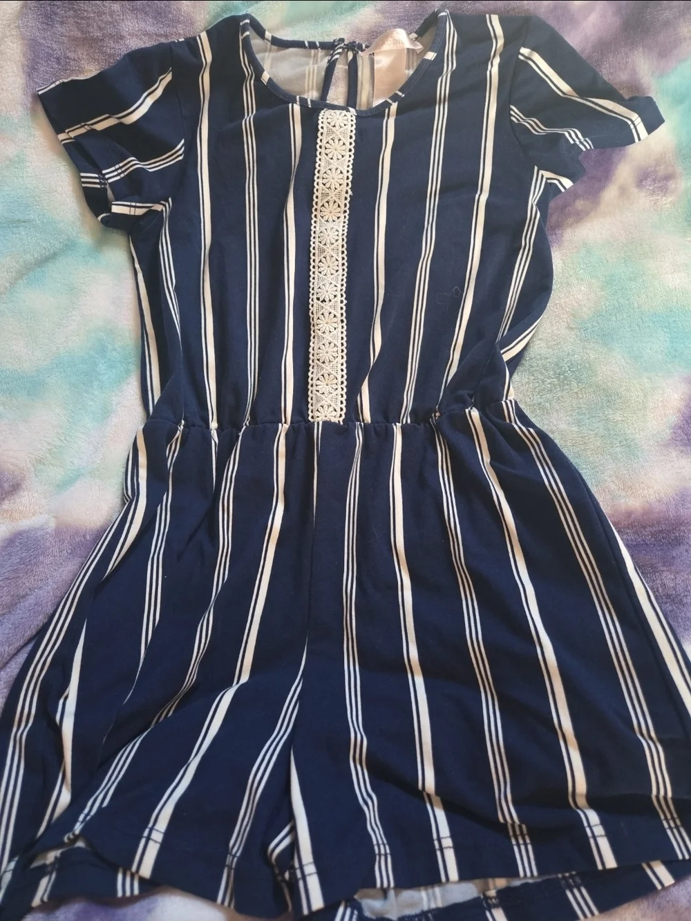 Love Madden Girls Navy Blue White Vertical Striped Romper Jumpsuit - Size 10